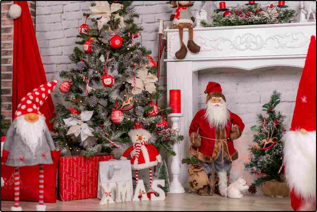 Living room decked out in red and green decorations, creating a merry Christmas atmosphere